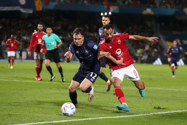 Regont Murati of Auckland City and Ahmed Abdel Kader of Al Ahly during the Fifa Club World Cup match on February 1, 2023 (James Williamson - AMA/Getty Images)