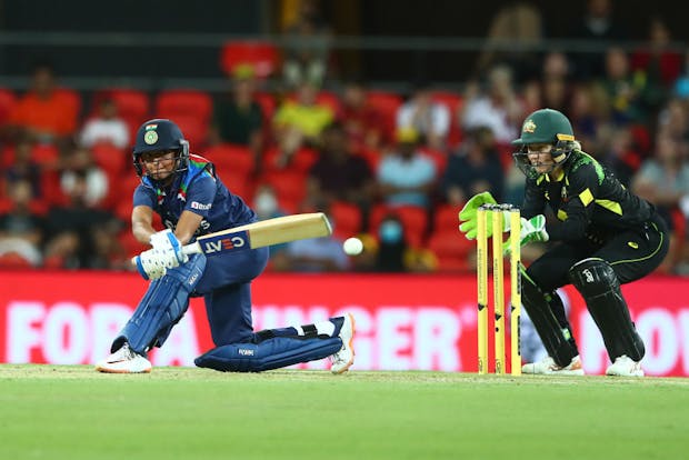 Harmanpreet Kaur in action against Australia at Metricon Stadium. (Photo by Chris Hyde/Getty Images)