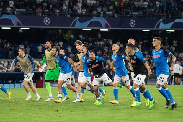 Napoli players celebrate after defeating Liverpool in the 2022-23 Uefa Champions League group stage (Photo by Ivan Romano/Getty Images)