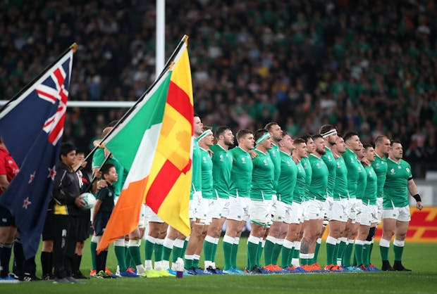 Ireland line up prior to 2019 Rugby World Cup quarter final v New Zealand in Chofu, Tokyo (Photo by Cameron Spencer/Getty Images)
