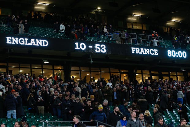 The Twickenham scoreboard shows a record home for England against France (Photo by Craig Mercer/MB Media/Getty Images)