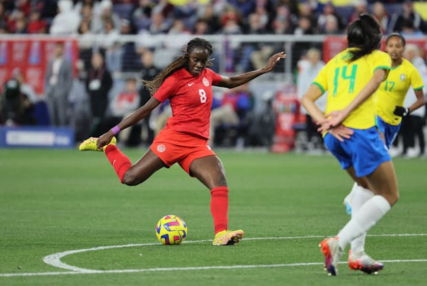 Canada's Simi Awujo in action against Brazil during the 2023 SheBelieves Cup (by Andy Lyons/Getty Images)