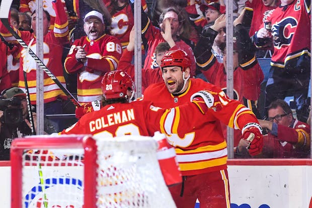 Milan Lucic, #17 of the Calgary Flames, celebrates after scoring against the Anaheim Ducks during an NHL game on April 2, 2023 (by Derek Leung/Getty Images)