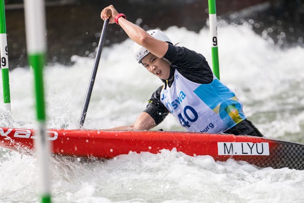 Minzhen Lyu of China competes during the 2022 ICF Canoe Slalom World Championship in Augsburg, Germany (by Thomas Lohnes/Getty Images)