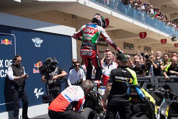 Alex Rins of Spain and LCR Honda Castrol celebrates victory following MotoGP's Grand Prix of the Americas on April 16, 2023 (by Mirco Lazzari gp/Getty Images)