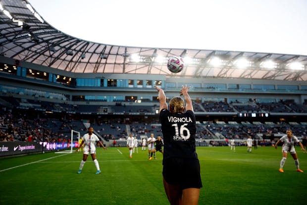 Angel City FC takes on OL Reign in a NWSL Challenge Cup game on April 19, 2023 (by Ronald Martinez/Getty Images)