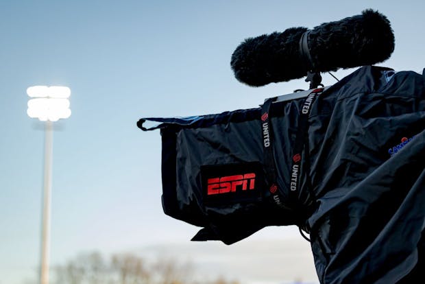 WAALWIJK, NETHERLANDS - JANUARY 9: ESPN Logo on TV camera during the Dutch Eredivisie at the Mandemakers Stadium on January 9, 2021 (Photo by Laurens Lindhout/Soccrates/Getty Images)