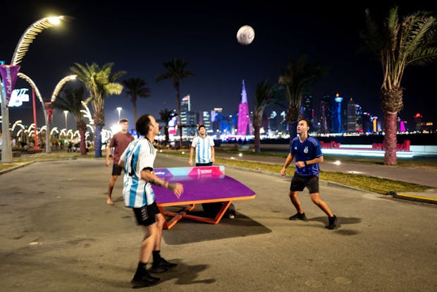 DOHA, QATAR - DECEMBER 17:  Fans of Argentina play Teqball on the Corniche ahead of the FIFA World Cup Final Qatar 2022. (Photo by Robbie Jay Barratt - AMA/Getty Images)