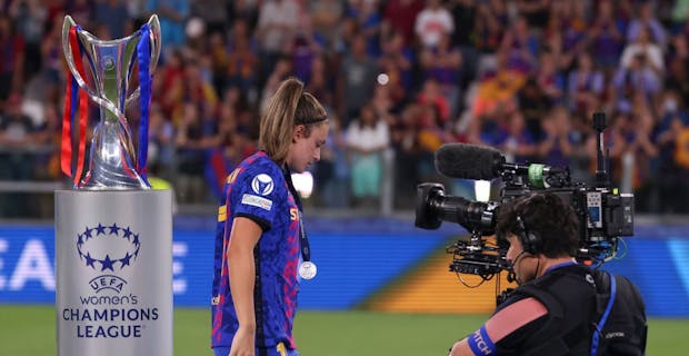Alexia Putellas of FC Barcelona walks past trophy 3-1 defeat to Lyon in 2021-22 UEFA Women's Champions League final (Photo by Jonathan Moscrop/Getty Images)