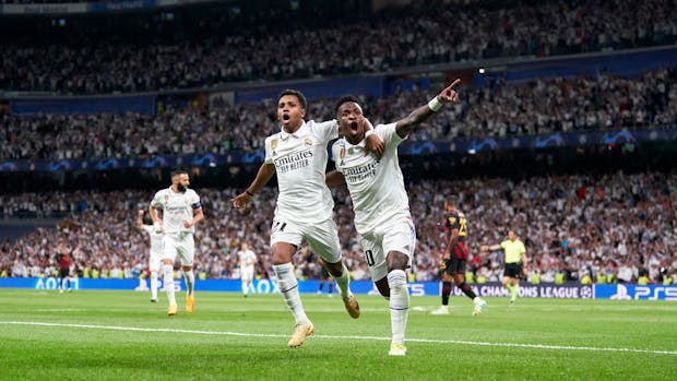 Vinicius Junior of Real Madrid celebrates after scoring during the Uefa Champions League semi-final against Real Madrid (Photo by Mateo Villalba/Quality Sport Images/Getty Images)