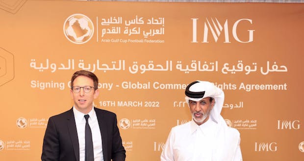 IMG Media president Adam Kelly (L) & AGCFF president Hamad bin Khalifa bin Ahmed Al Thani (R) at signing ceremony