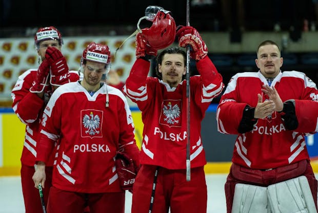 Poland celebrates qualification for the 2024 IIHF World Championship. (Photo by Sebastian Frej/MB Media/Getty Images)