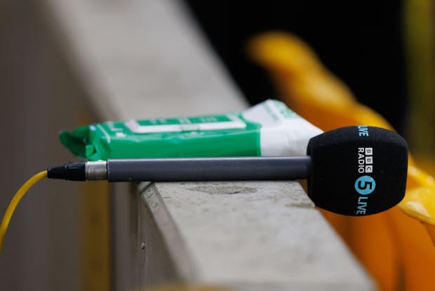 A BBC Radio 5 Live microphone. (Photo by Marc Atkins/Getty Images)