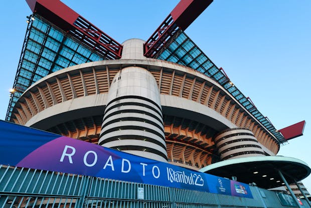 An exterior view of the San Siro Stadium ahead of a UEFA Champions League knock-out match. (Photo by Robbie Jay Barratt - AMA/Getty Images)