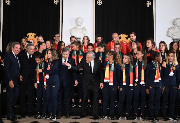 President of Portugal, Marcelo Rebelo de Sousa welcomes Portuguese women's team on February 24, 2023 in Lisbon (Photo by Zed Jameson/MB Media/Getty Images)