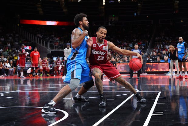 ATLANTA, GEORGIA - AUGUST 21: Isaiah Briscoe against Glen Rice during the BIG3 Championship at State Farm Arena on August 21, 2022 in Atlanta, Georgia. (Photo by Kevin C. Cox/Getty Images for BIG3)