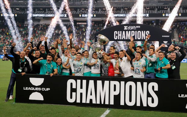 Members of Leon celebrate after the team defeated Seattle Sounders 3-2 to win the Leagues Cup 2021 Final.  (Ethan Miller/Getty Images)