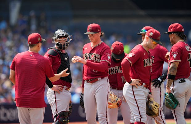 Tommy Henry (3rd L) #47 of the Arizona Diamondbacks is taken out of the game during the fifth inning against the Toronto Blue Jays at the Rogers Centre on July 16, 2023 in Toronto, Ontario, Canada. (Photo by Mark Blinch/Getty Images)