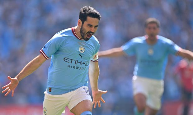 Ilkay Gundogan of Manchester City celebrates during 2023 Emirates FA Cup final v Manchester United (Photo by Will Palmer/Sportsphoto/Allstar Via Getty Images)