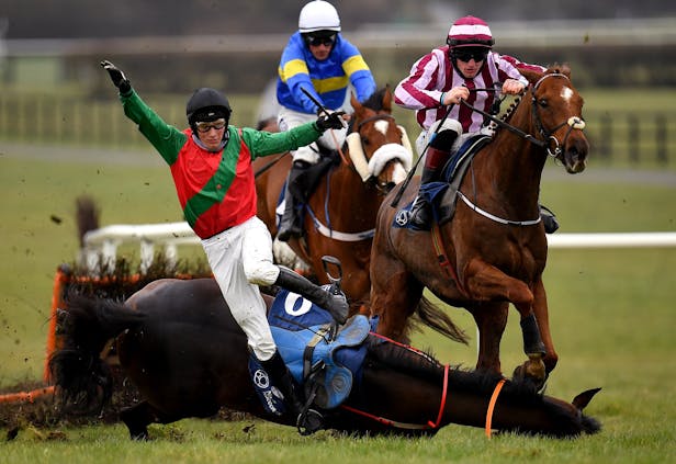 Jockey Cian Quirke and mount Halsafari fall at the last during the Bar One Racing Handicap Hurdle at Naas Racecourse in Kildare. (Seb Daly/Sportsfile via Getty Images)
