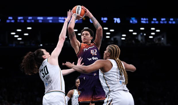 Brittney Griner of the Phoenix Mercury in action against the New York Liberty. (Dustin Satloff/Getty Images)