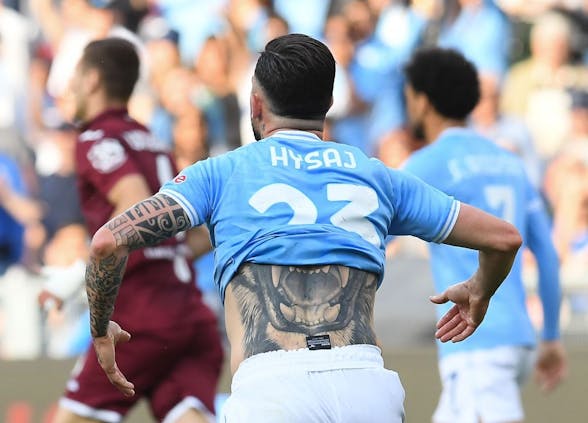 ROME, ITALY - APRIL 22: Close up of Elseid Hysaj of SS Lazio shoulders tattoo during the Serie A match between SS Lazio and Torino FC at Stadio Olimpico on April 22, 2023 in Rome, Italy. (Photo by Silvia Lore/Getty Images)