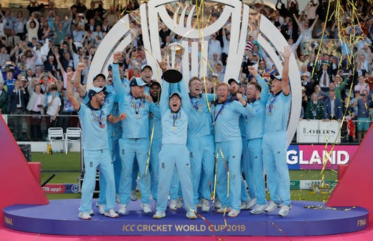 England captain Eoin Morgan lifts the trophy after the 2019 Cricket World Cup final