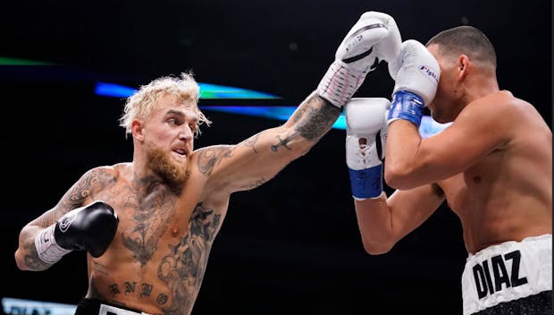 Jake Paul throws a left at Nate Diaz during their fight on August 5, 2023