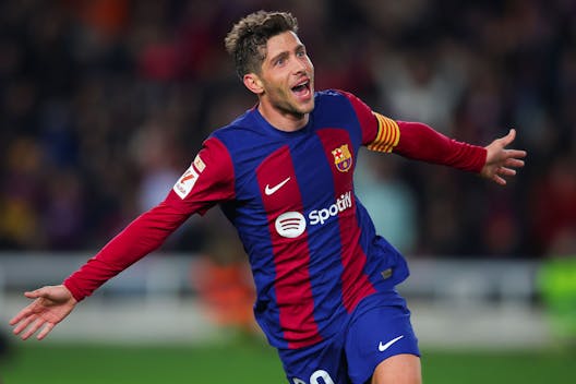 BARCELONA, SPAIN - DECEMBER 20: Sergi Roberto of FC Barcelona celebrates after scoring the team's third goal during the LaLiga EA Sports match between FC Barcelona and UD Almeria at Estadi Olimpic Lluis Companys on December 20, 2023 in Barcelona, Spain. (Photo by