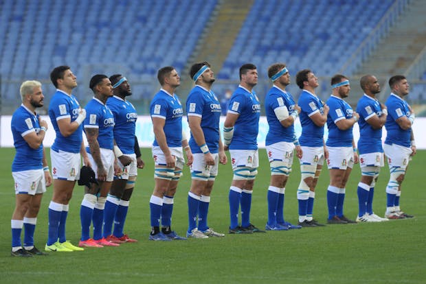 Players of Italy stand for their national anthem prior to the Guinness Six Nations match against Ireland (Photo by Paolo Bruno/Getty Images)