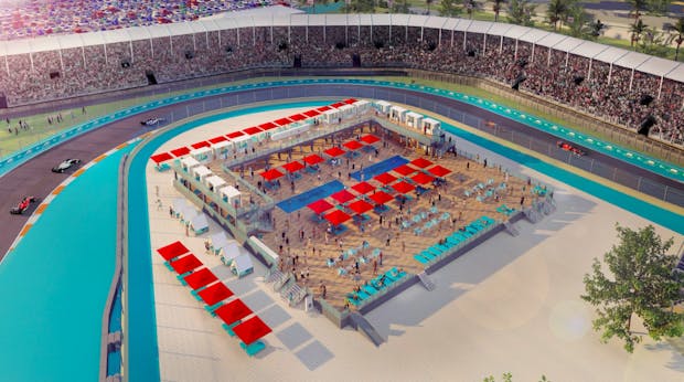 A rendering of the planned beach club set to be constructed for the upcoming Formula 1 Miami Grand Prix in Florida. (Formula 1).