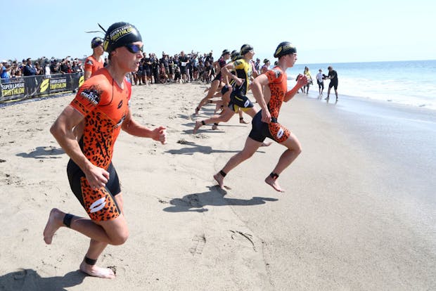 Athletes compete in the women's pro Super League Malibu Triathlon (Photo by Tommaso Boddi/Getty Images for 2XU Malibu Triathlon)