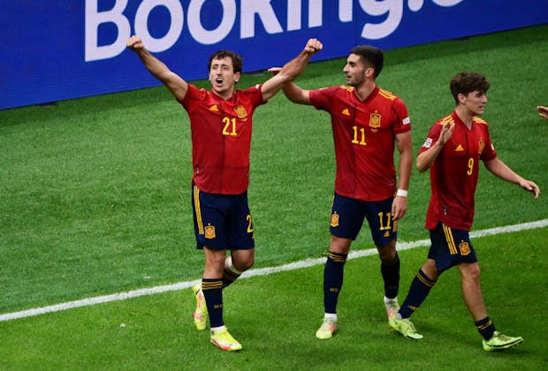 Mikel Oyarzabal of Spain celebrates with teammate Ferran Torres (Photo by Marco Bertorello - Pool/Getty Images)