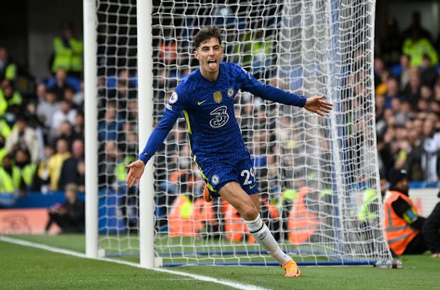 Kai Havertz of Chelsea celebrates after scoring his team's winning goal during the Premier League match versus Newcastle United on March 13, 2022 (by Justin Setterfield/Getty Images)