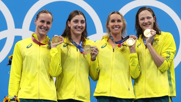 Australian gold medallists in the women's 4 x 100m freestyle relay at the Tokyo 2020 Olympic Games. (Photo by Clive Rose/Getty Images)
