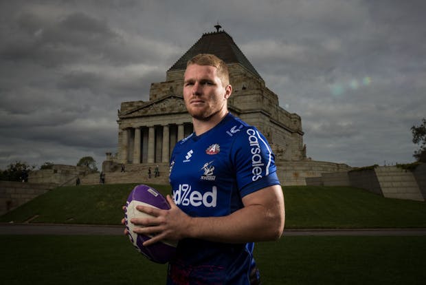 Melbourne Storm player Josh King outside the Shrine of Remembrance in Melbourne. (Photo by Darrian Traynor/Getty Images)