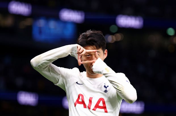 Son Heung-min celebrates scoring against Arsenal at Tottenham Stadium. (Photo by Clive Rose/Getty Images)