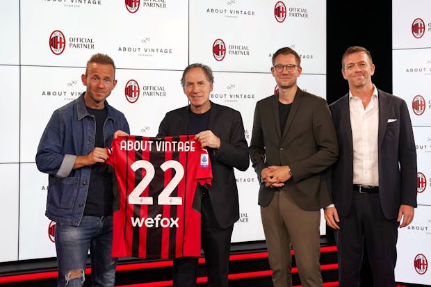Left to right: Thomas Andersen (About Vintage), Franco Baresi (former AC Milan player) Sebastian Skov (About Vintage) and Maikel Oettle (sales director AC Milan)