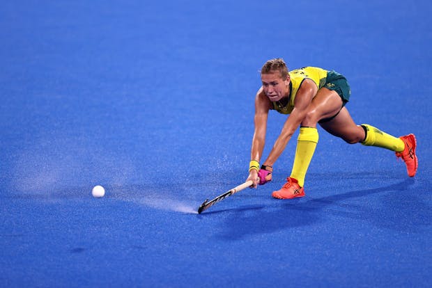Australian hockey player Kaitlin Nobbs in action at the Tokyo 2020 Olympics. (Photo by Maja Hitij/Getty Images)