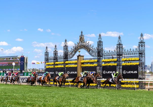 Persan leads the field to the first turn during the 2021 Melbourne Cup at Flemington Racecourse (by Vince Caligiuri/Getty Images)