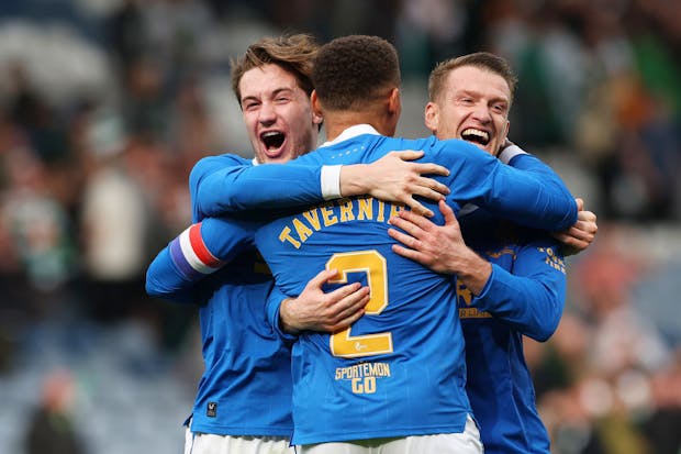 Rangers celebrate during Scottish Cup semi final win over Celtic on April 17, 2022 (Photo by Ian MacNicol/Getty Images)