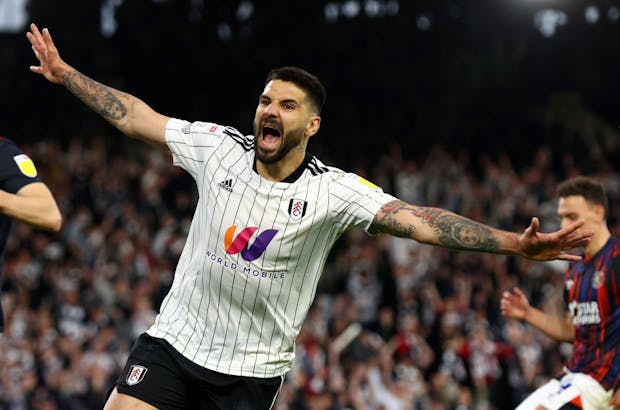 Aleksandar Mitrovic of Fulham celebrates after scoring during the Championship match against Luton Town on May 2, 2022 (by Clive Rose/Getty Images)