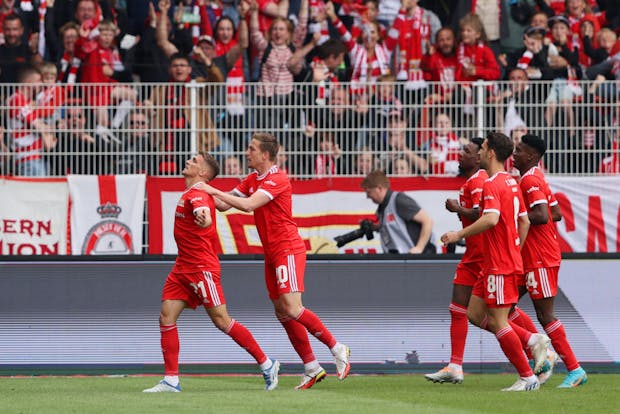 Grischa Proemel of Union Berlin celebrates after scoring against VfL Bochum on May 14, 2022 (by Martin Rose/Getty Images)