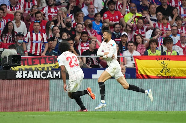Yousseff En-Nesyri of Sevilla celebrates his side's first goal in the LaLiga match against Atletico de Madrid on May 15, 2022 (by Juan Manuel Serrano Arce/Getty Images)