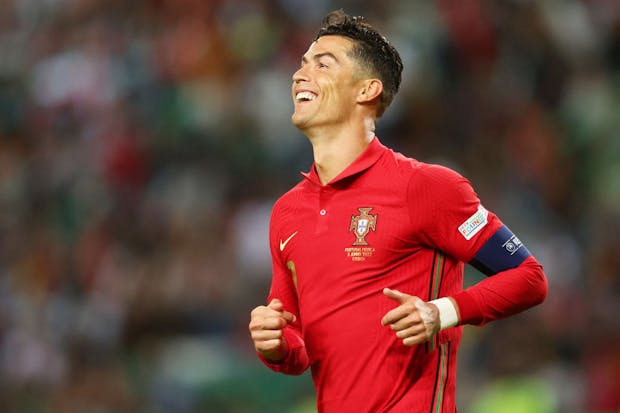 LISBON, PORTUGAL - JUNE 05: Cristiano Ronaldo of Portugal reacts during the UEFA Nations League League A Group 2 match between Portugal and Switzerland at Estadio Jose Alvalade on June 05, 2022 in Lisbon, Portugal. (Photo by Carlos Rodrigues/Getty Images)