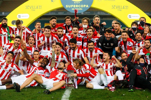 Athletic Bilbao celebrate victory in 2021 Supercopa de Espana Final in Seville (Photo by RFEF - Pool/Getty Images)