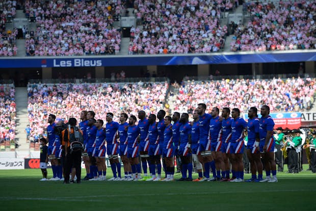 Players of France line up for the national anthem prior to the rugby international Test match against Japan (Photo by Koki Nagahama/Getty Images)