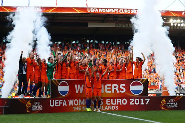 The Netherlands celebrate winning Uefa Women's Euro 2017 (by Dean Mouhtaropoulos/Getty Images)