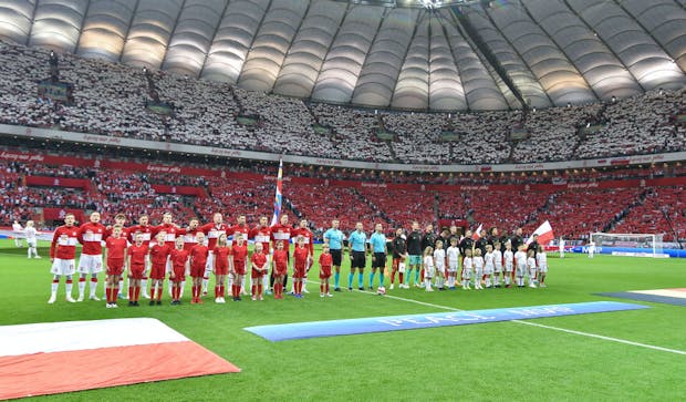 Teams during anthems ahead of Poland v Belgium on June 14, 2022 (Photo by PressFocus/MB Media/Getty Images)