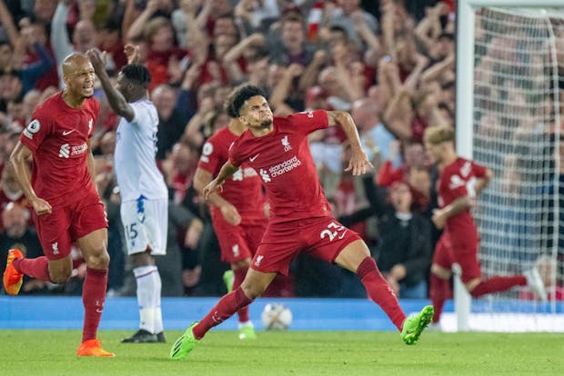 Luis Diaz of Liverpool FC celebrates after scoring during the Premier League match versus Crystal Palace on August 15, 2022 (by Sebastian Frej/MB Media/Getty Images)